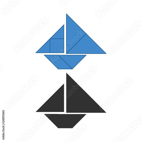 yacht or boat Tangram. Traditional Chinese dissection puzzle, seven tiling pieces - geometric shapes: triangles, square rhombus , parallelogram. Board game for kids 