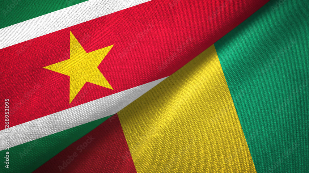 Fototapeta premium Suriname and Guinea two flags textile cloth, fabric texture