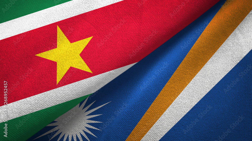 Suriname and Marshall Islands two flags textile cloth, fabric texture Suriname and Marshall Islands two flags textile cloth, fabric texture
