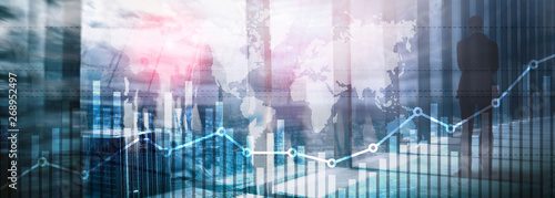 Business finance growth graph chart analysing diagram trading and forex exchange concept double exposure mixed media background website header. © Funtap