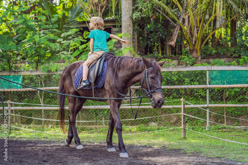 Boy horseback riding, performing exercises on horseback