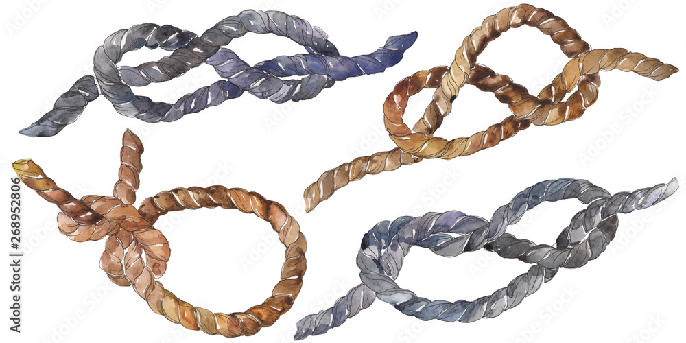 Set of sea rope nots. Watercolor background illustration set. Isolated sailing not illustration element.