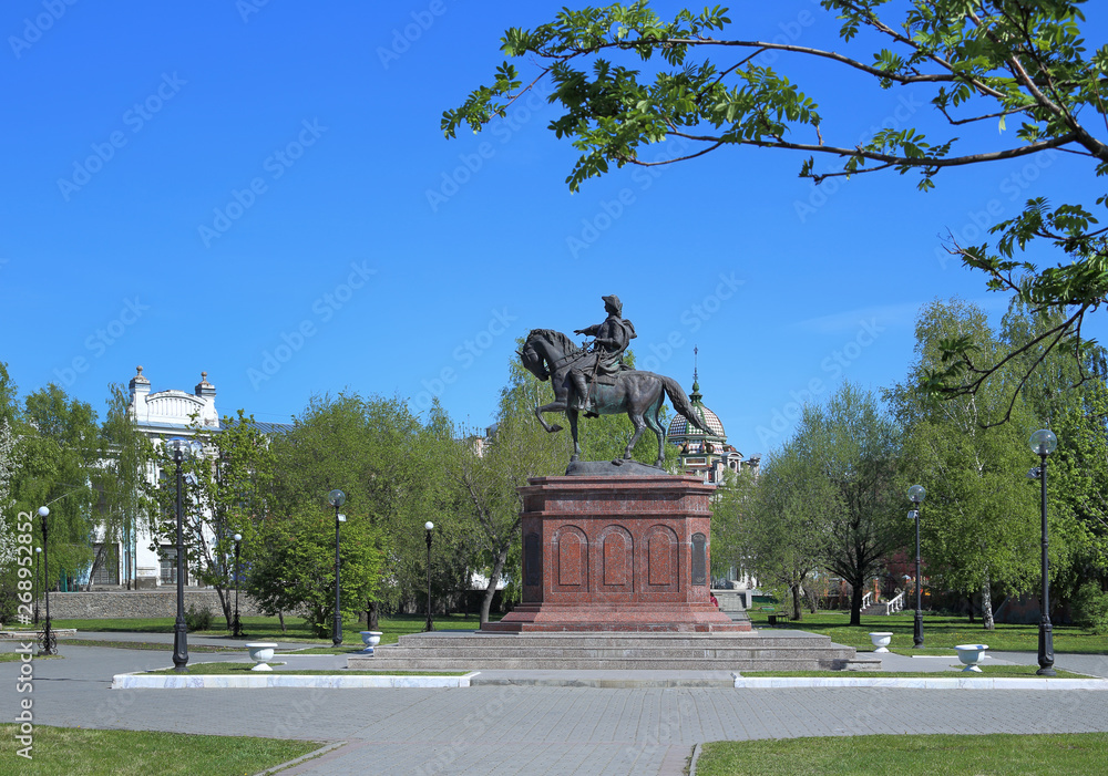 Sculpture of the Russian Emperor Peter the Great on horseback on may day in Biysk