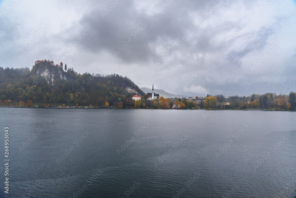 View of Lake Bled on rainy day. Slovenia