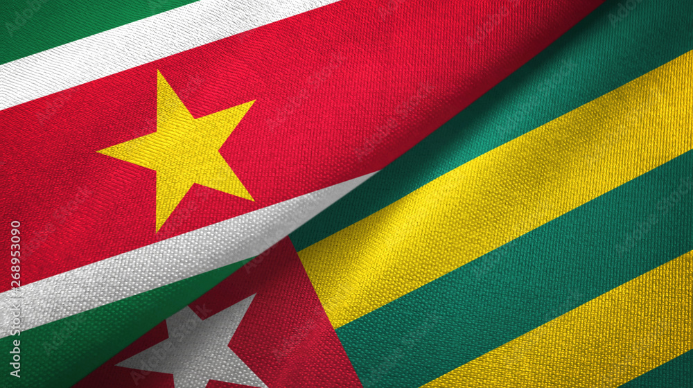 Suriname and Togo two flags textile cloth, fabric texture Suriname and Togo two flags textile cloth, fabric texture