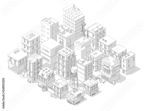 Town street Intersection road. Buildings Isometric top view. Gray lines outline contour vector style with shadows.