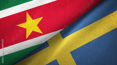 Suriname and Sweden two flags textile cloth, fabric texture