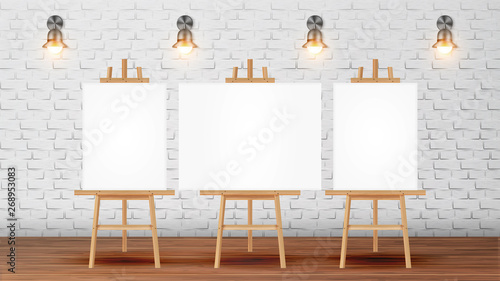 Classroom For Painter Course With Equipment Vector. Classroom For Creativity Lessons Decorated Blank Canvas Desks For Pictures On Tripod, Lighting Sconces On Brick Wall. Realistic 3d Illustration