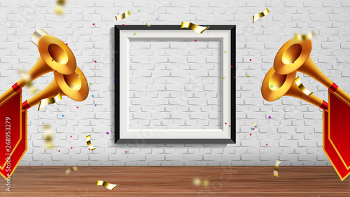 Enchanting Presentation In Exhibition Hall Vector. Golden Fanfare Trumpets With Red Flags, Foil Confetti And Picture Frame On Brick Wall Elements Of Presentation In Gallery. Realistic 3d Illustration