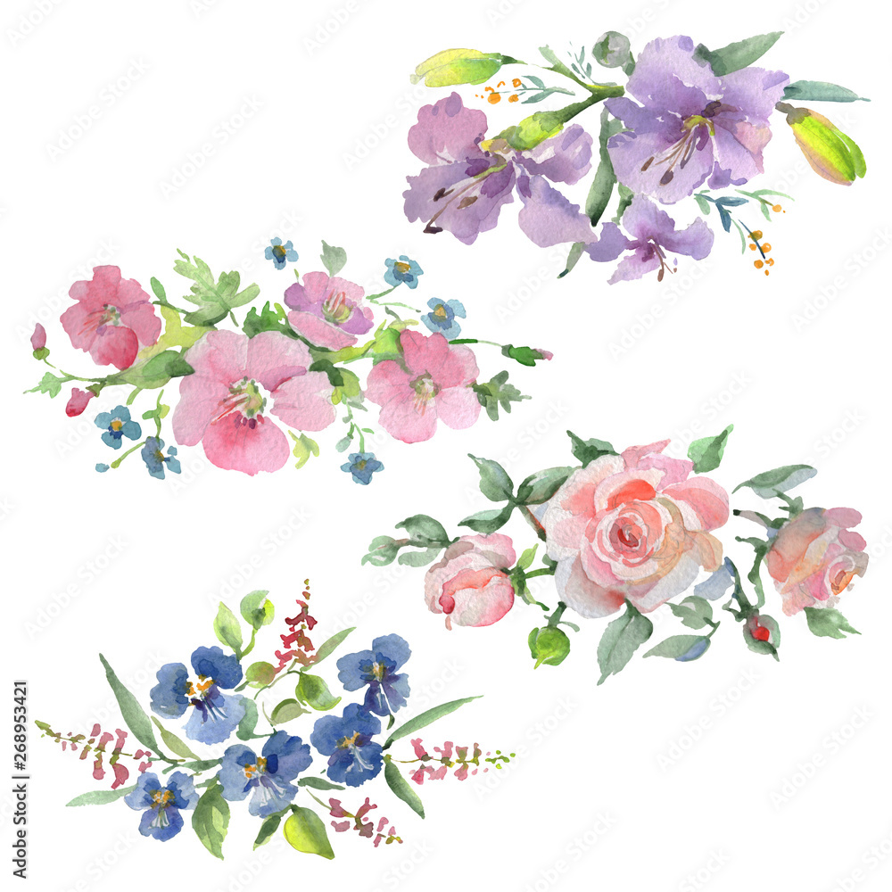 Bouquet floral botanical flowers. Watercolor background illustration set. Isolated bouquets illustration element.