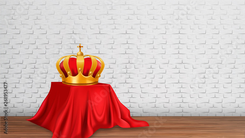 Monarch Golden Royal Crown on Modern Exhibition Studio Vector. Showroom Design with Table Covered Red Tablecloth, Wooden Floor Scene And Brick Wall On Background. Realistic 3d Illustration