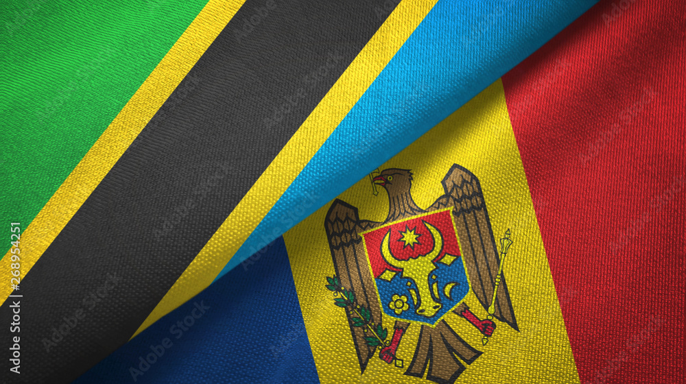 Fototapeta premium Tanzania and Moldova two flags textile cloth, fabric texture