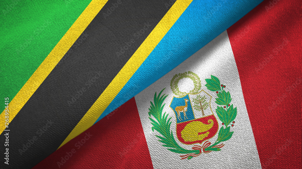 Fototapeta premium Tanzania and Peru two flags textile cloth, fabric texture