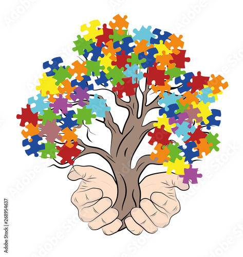hands holding a tree with puzzles. autism. vector illustration.