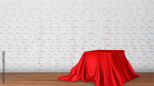 Design Restaurant Or Canteen Of Theater Vector. Canteen Decoration Table Covered With Red Tablecloth On Wooden Floor Stage And Brick Wall On Background. Intermission Time Realistic 3d Illustration