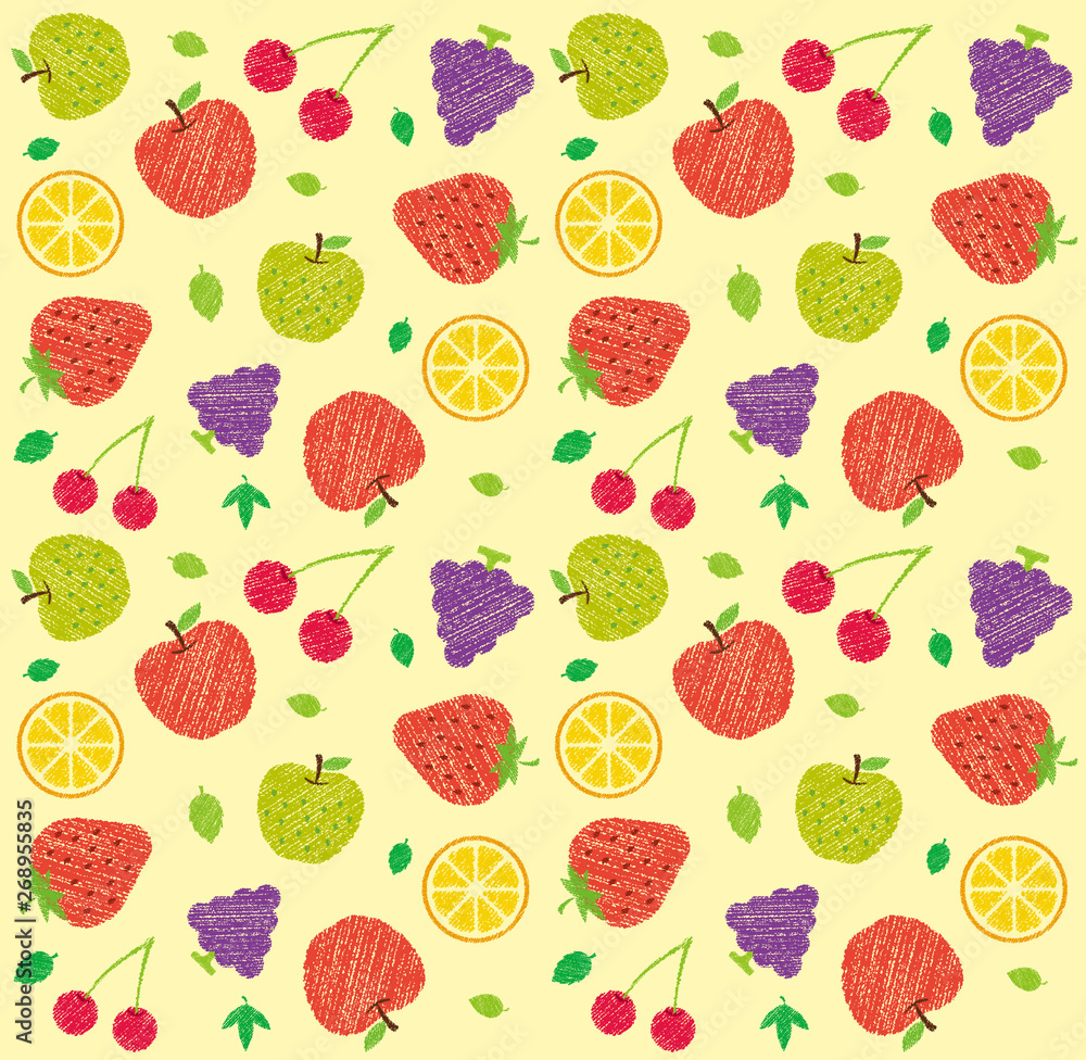 Seamless textile pattern illustration with fruits and flowers (handwriting style / Colored pencil stroke) /light orange Seamless textile pattern illustration with fruits and flowers (handwriting style / Colored pencil stroke) /light orange