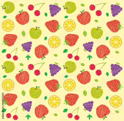 Seamless textile pattern illustration with fruits and flowers (handwriting style / Colored pencil stroke) /light orange