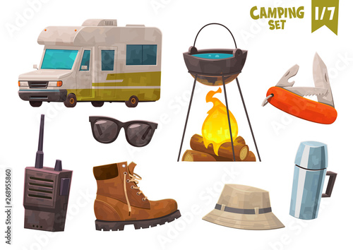 House on wheels thermos bottle hiking boot walkie talkie sunglasses knife camping set