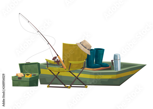 Illustration fisherman equipment boat and chair rod