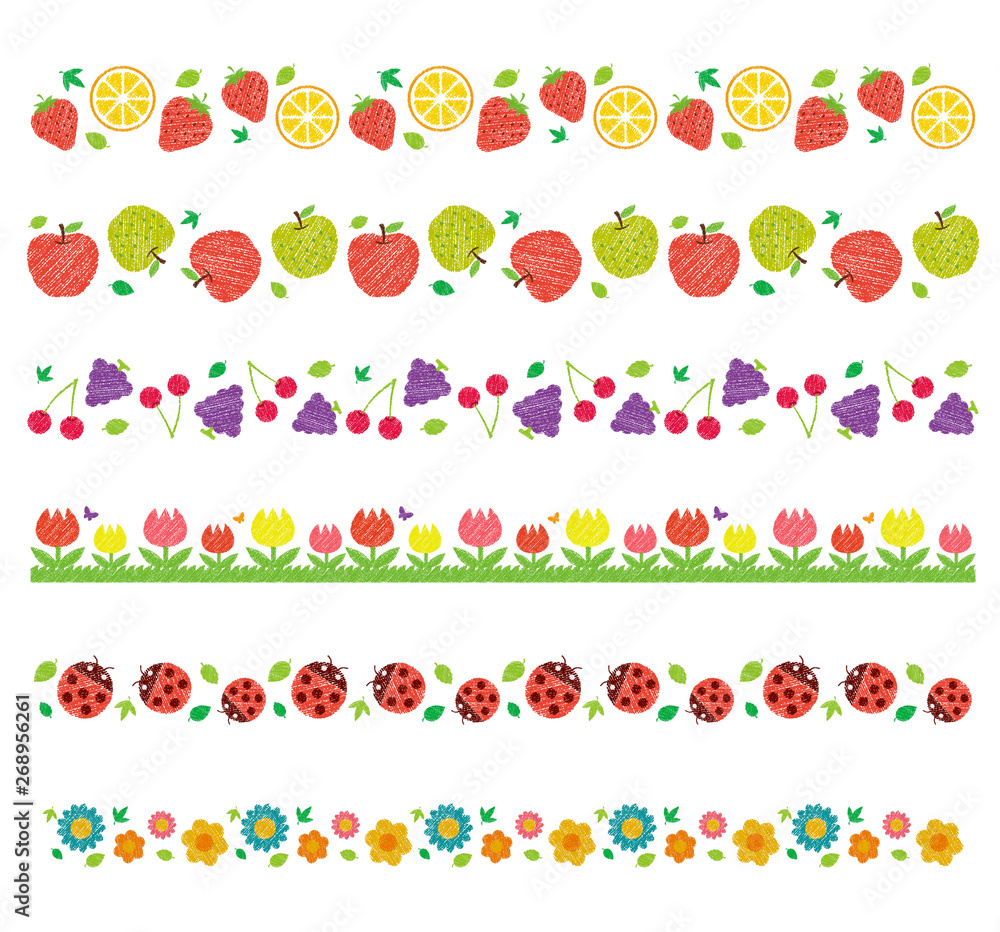 horizontal seamless patten set / flowers,fruits etc. (handwriting style / Colored pencil stroke) 