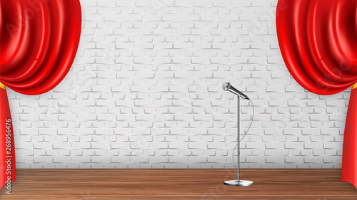 Design Platform Scene For Recital Spectacle Vector. Silver Metal Leg Microphone, Wooden Floor And Red Curtains Isolated On White Brick Wall Interior Of Theater Scene. Realistic 3d Illustration