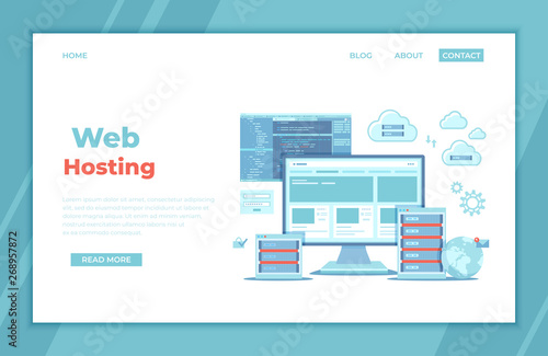 Web Hosting, Data Security, Сloud computing storage, Information processing, Database, Network connection. Hosting servers, computer, program code, clouds. landing page template or banner. Vector