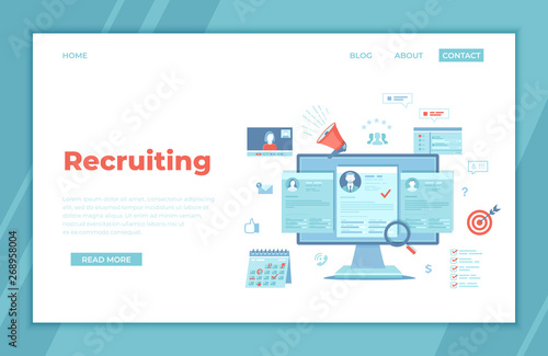 Recruitment platform, agency, hr. Human resources, Employment, Selection of the best candidate. Resume, megaphone, computer, calendar, video connection, interview. landing page template, banner Vector