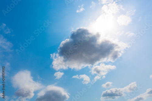 Outdoor blue sky and white clouds, sun light penetrates the clouds