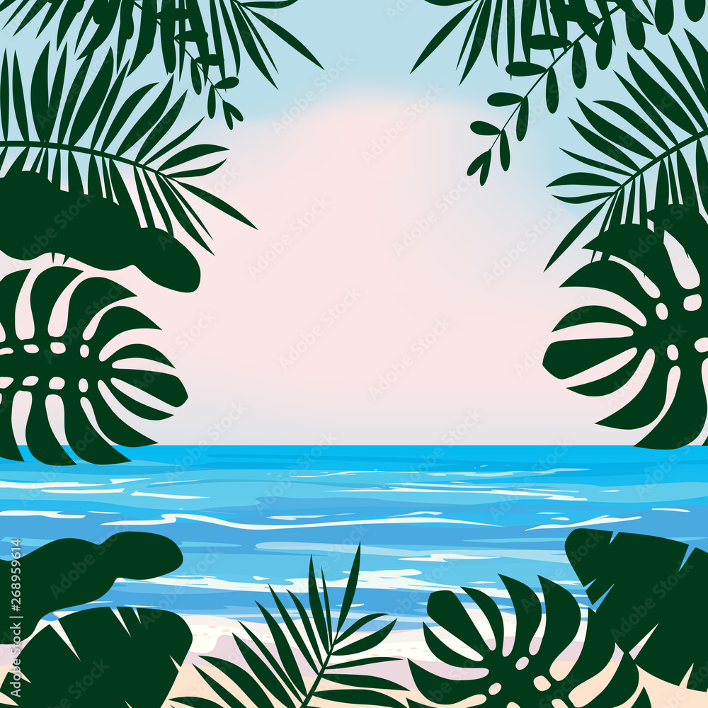 Summer tropical background with exotic floral plants leaves palm, beach ocean seashore