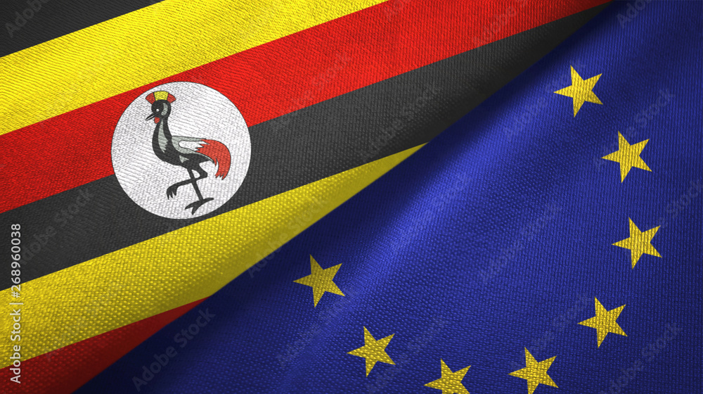 Fototapeta premium Uganda and European Union two flags textile cloth, fabric texture