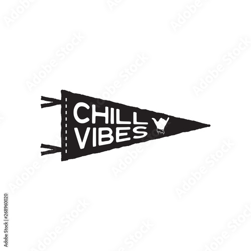 Vintage surf pennant print design for t-shirt and other uses. Chill Vibes typography quote calligraphy and shaka icon. Unusual hand drawn surfing graphic patch emblem. Stock vector isolated