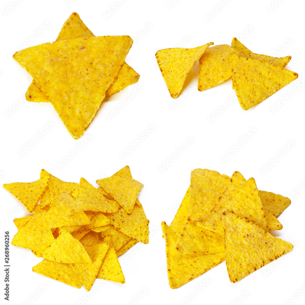 Mexican nachos set on white background collage Mexican nachos set on white background collage