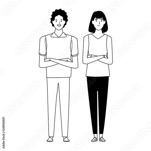 couple avatar cartoon character in black and white