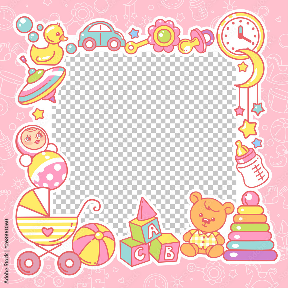 Vector frame with baby objects. Toys, accessories, clothes with transparent frame. Vector frame with baby objects. Toys, accessories, clothes with transparent frame.