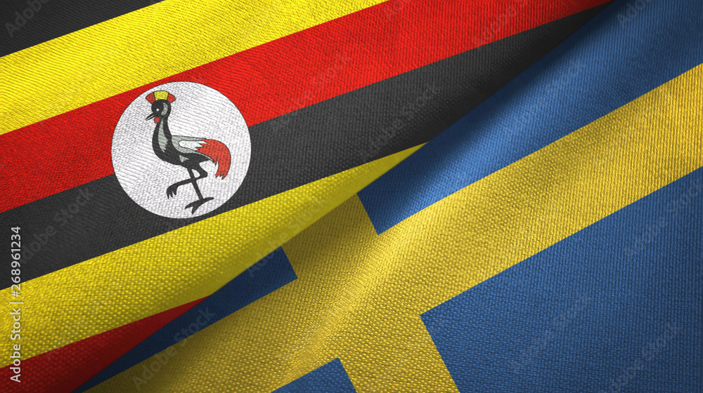 Fototapeta premium Uganda and Sweden two flags textile cloth, fabric texture