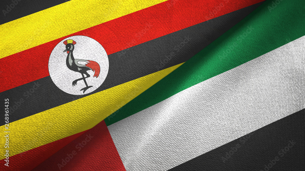 Fototapeta premium Uganda and United Arab Emirates two flags textile cloth, fabric texture