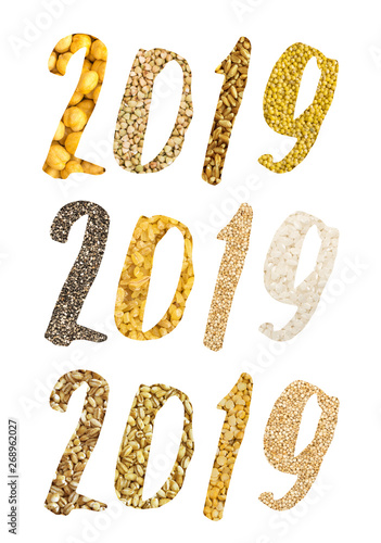 2019 Numbers Collage with Different Cereals and Edible Seeds