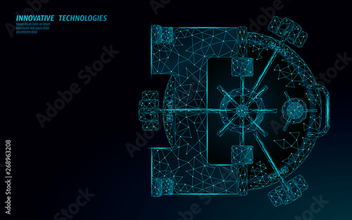 Low poly blue banking vault door. Steel safety money storage. 3D cash wealth finance business concept. Closed save lock box protect system online technology vector illustration