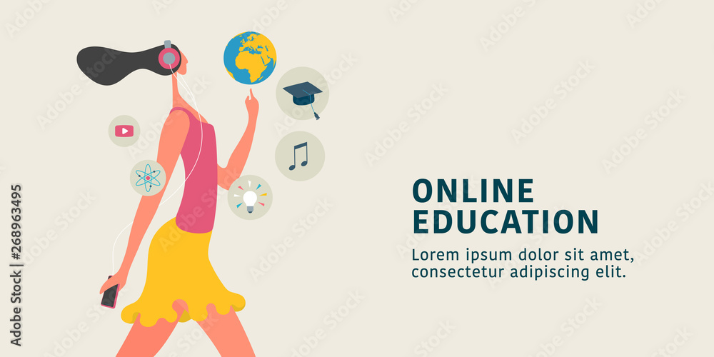 Online education concept vector illustration. Young female learning through internet training