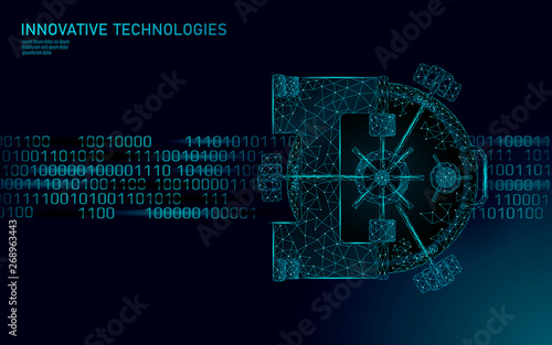 Low poly blue banking vault door. Privacy data safety storage. 3D Information protect security business concept. Antivirus protect system online technology vector illustration