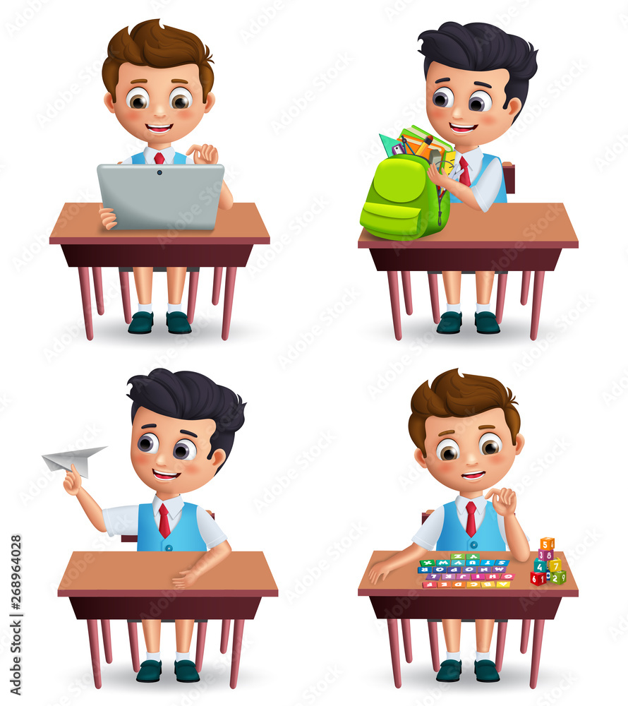School boy vector character set. Student kids on a desk while doing school activities wearing uniform isolated in white background for back to school. Vector illustration. School boy vector character set. Student kids on a desk while doing school activities wearing uniform isolated in white background for back to school. Vector illustration.