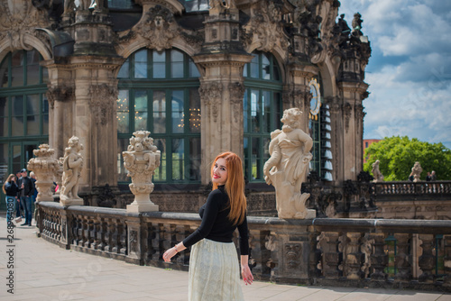 Woman in Old Europe, vacation and travelling time. Vintage style in clothes and view. Trip in Germany