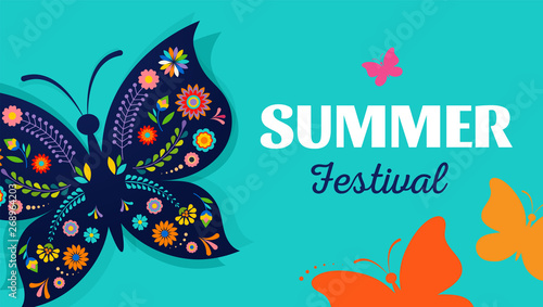Summer festival, fair with patterned butterfly - vector background