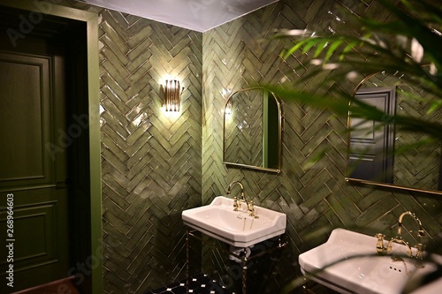 Toilet room with washbasins in a public place. Toilet room with washbasins of green color.