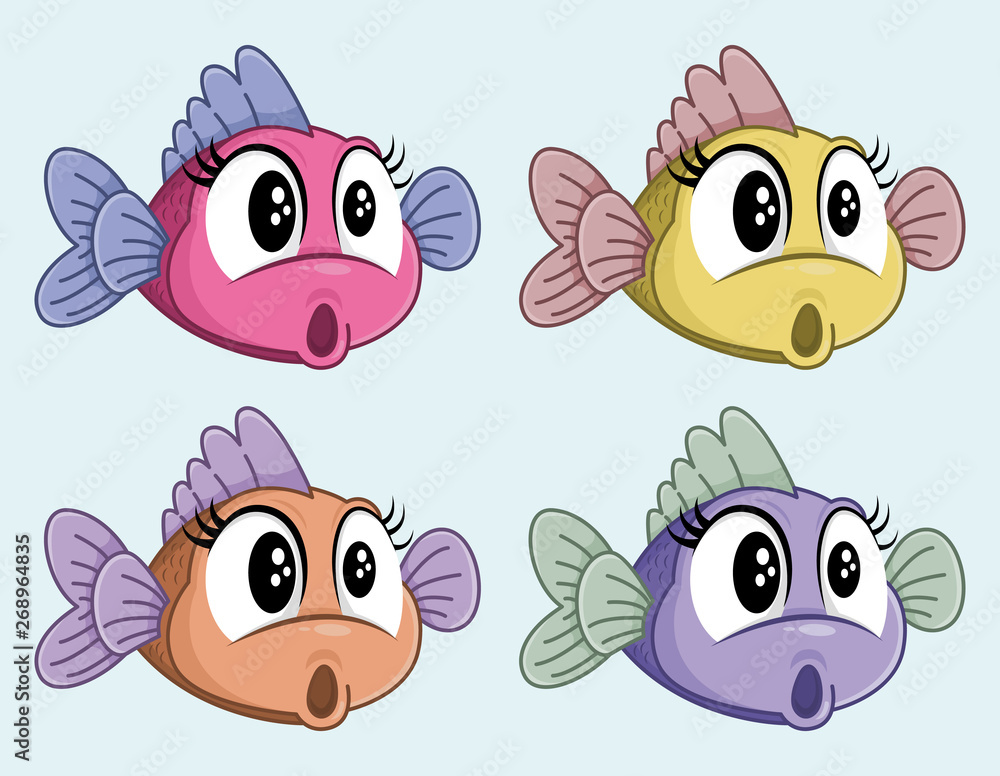 Cute vector surprised fish female cartoon character. Funny shocked little  fish. Four colors. Stock Vector | Adobe Stock