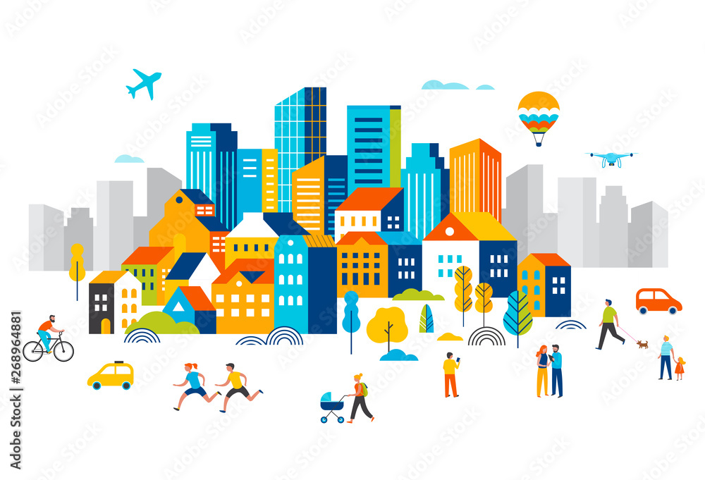 Plakat Inteligentne miasto, krajobrazowe centrum miasta z wieloma budynkami, samolot leci na niebie i ludzie chodzą, biegają w parku.