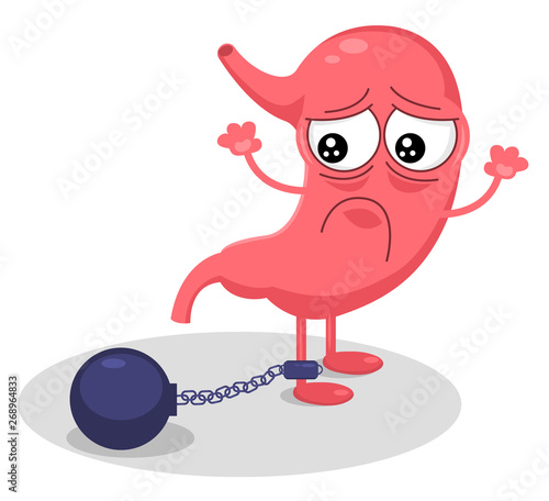 Cute cartoon stomach character unhealthy sick emoji sad emotion. Stomach heaviness concept. Vector modern style cartoon character illustration icon.