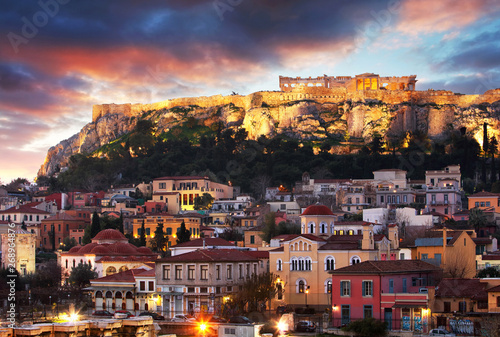 Panoramic view over the old town of Athens and the Parthenon Temple of the Acropolis during sunrise