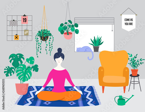Young woman sits with crossed legs and meditates at home. Vector background and illustration