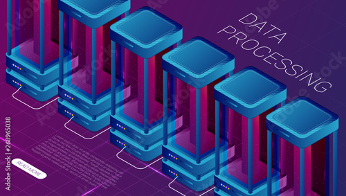 Concept of big data processing, energy station of future, server room rack, data center isometric vector illustration